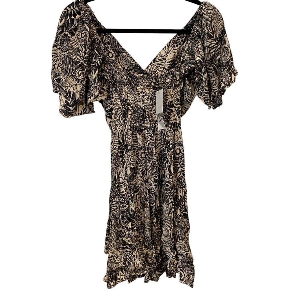 Zara Womens Mini Dress S Black White Floral Flutter Sleeve Flowy 9878/249 NWT - Picture 2 of 6